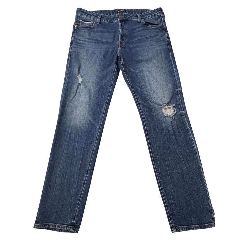 EXPRESS Slim Straight Men‎ Jeans Dark Wash Distressed Button Fly 36x32 - Picture 2 of 10